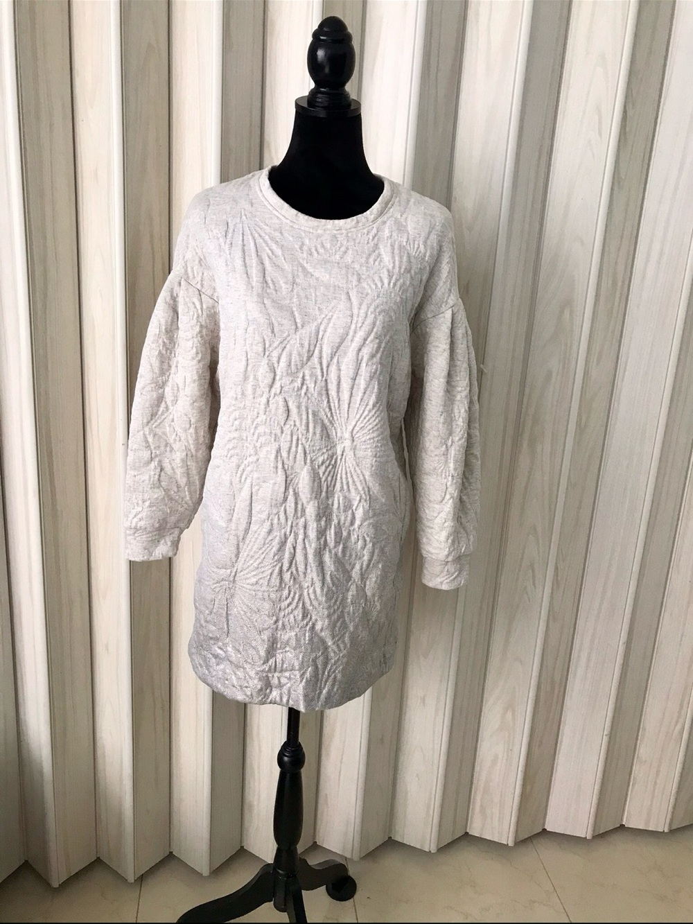 Cream Textured Knit Long Sleeve Dress